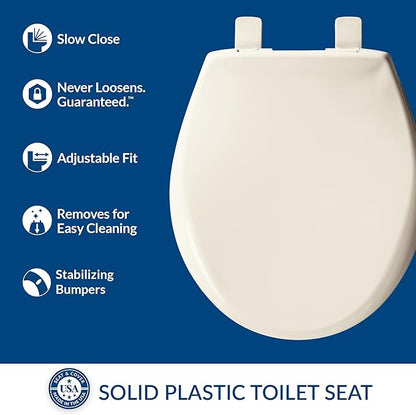 Bemis Aurora Slow Close Toilet Seat, Easy Clean Hinges and Adjustable Perfect Fit Plastic Seat, Made in USA, Round, Biscuit