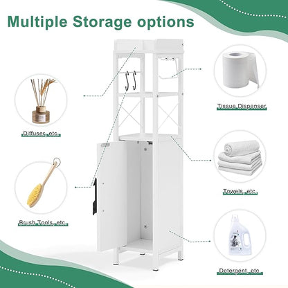VECELO Small Bathroom Storage Cabinet with Shelves & Metal Racks, Slim Toilet Paper Holder, Bathroom Organizer Cabinet for Narrow Spaces, White, Farmhouse Style