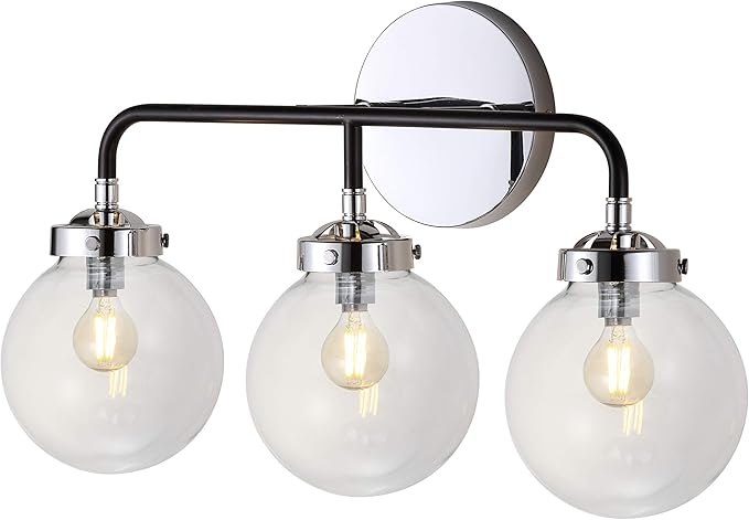 JONATHAN Y 22" Chrome/Black 3-Light LED Wall Sconce Vanity Lighting, Clear Glass Globe Shade Modern Contemporary Sconce for Bathroom Mirror, Hallway, UL Listed (JYL9058A)