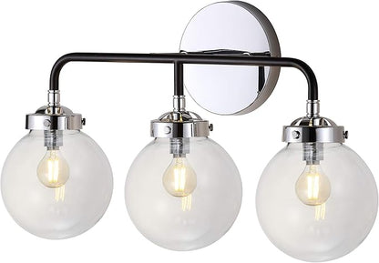 JONATHAN Y 22" Chrome/Black 3-Light LED Wall Sconce Vanity Lighting, Clear Glass Globe Shade Modern Contemporary Sconce for Bathroom Mirror, Hallway, UL Listed (JYL9058A)
