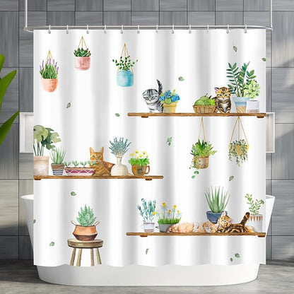 Hanging Potted Plants Cat Shower Curtain, Bracket Plant Kitty Shower Curtain for Bathroom with 12 Hooks, Polyester Fabric Waterproof Shower Curtain Sets Machine Washable Bath Curtain