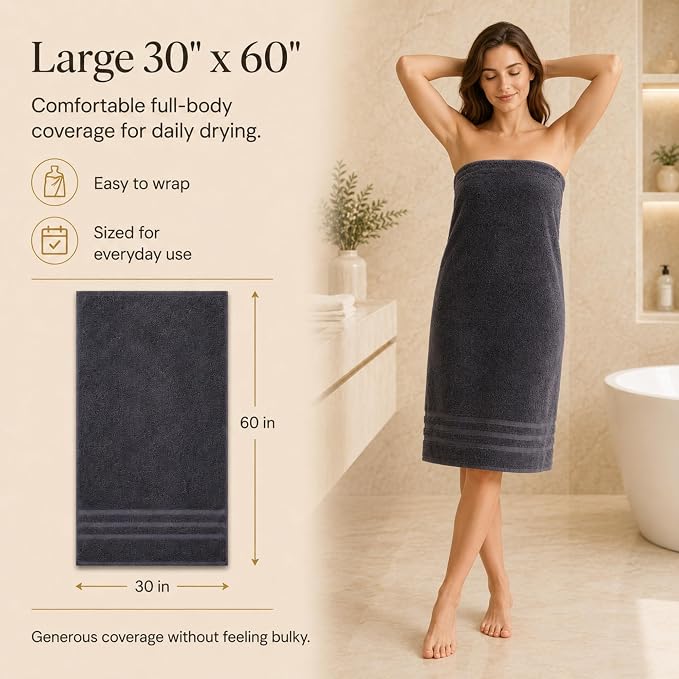 Velqora Bath Towels, 2 Pack, 30 x 60 in, 100% Cotton, Soft, Gray | Balanced Weight | Everyday Comfort | Easy Care