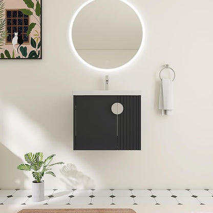 24 Inch Bathroom Vanity with Sink, 24" Floating Vanity with White Glossy Ceramic Sink, Plywood Wooden Bathroom Cabinet with Soft-Close Doors, Modern Wall Mounted Cabinet Set (Blue Black)