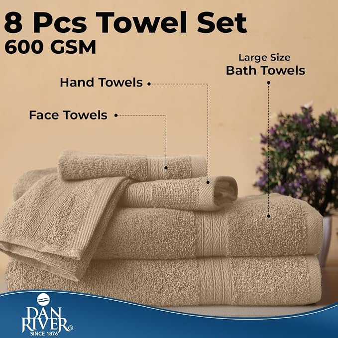 DAN RIVER 8 Piece Luxury Bath Towels for Bathroom, Towel Set, Tan | 2 Bath towels, 2 Hand towels, and 4 Wash Cloths, 600 GSM 100% Ring Spun Cotton, Highly Absorbent, Gym, Hotel, guest, and Spa