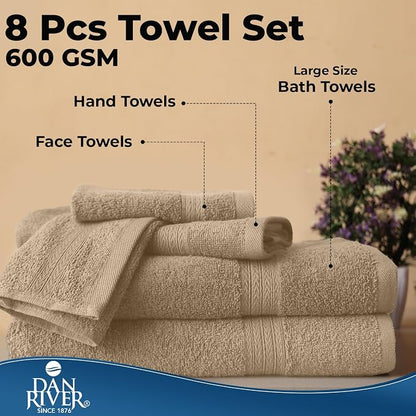 DAN RIVER 8 Piece Luxury Bath Towels for Bathroom, Towel Set, Tan | 2 Bath towels, 2 Hand towels, and 4 Wash Cloths, 600 GSM 100% Ring Spun Cotton, Highly Absorbent, Gym, Hotel, guest, and Spa