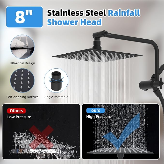 8" Metal Rainfall Shower Head with 10-Mode Handheld, Matte Black | NSF/ANSI/CAN 372 Certified, High Pressure Showerhead Combo with 11" Adjustable Shower Arm, 71" Hose, Shower Head Holder