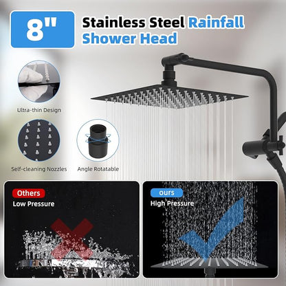 8" Metal Rainfall Shower Head with 10-Mode Handheld, Matte Black | NSF/ANSI/CAN 372 Certified, High Pressure Showerhead Combo with 11" Adjustable Shower Arm, 71" Hose, Shower Head Holder