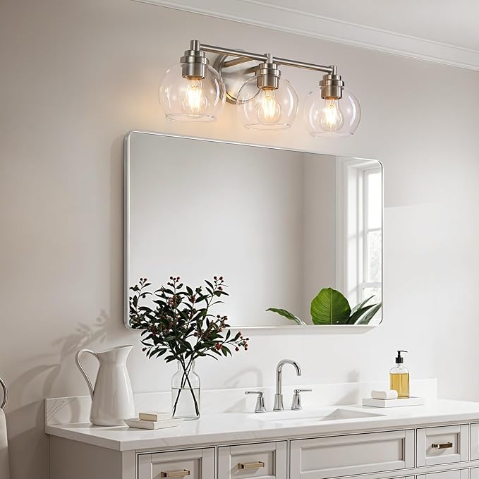 Upgrade 3-Light Bathroom Light Fixtures, Modern Vanity Light with Globe Glass Shade, Brushed Nickel Bathroom Lights Over Mirror, Vanity Lights for Bathroom Bedroom Hallway Living Room