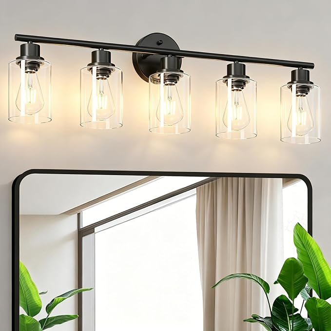 5-Light Black Bathroom Vanity Lights, E26 Modern Bathroom Light Fixtures with Clear Glass Shade, Mirror Kitchen Hallway Cabinet Living Room Sconces Wall Lights