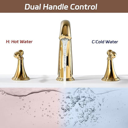 Gold Bathroom Faucet Widespread 3 Hole, 6–16 Inch Vanity Sink with 2 Handles, Drip-Free Ceramic Disc Valve, Solid Brass, Push Pop-Up Drain Assembly Included