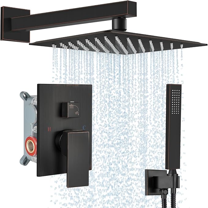 Midanya Shower Faucet Set,Wall Mount Shower System with Square Rain Shower Head and Hand Sprayer, Rough-in Valve Body and Trim Kit Included,12 Inch,Oil Rubbed Bronze