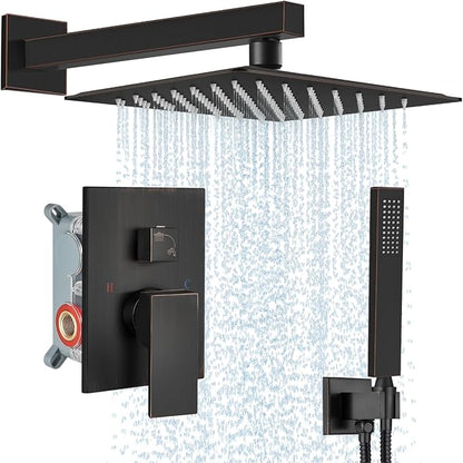 Midanya Shower Faucet Set,Wall Mount Shower System with Square Rain Shower Head and Hand Sprayer, Rough-in Valve Body and Trim Kit Included,12 Inch,Oil Rubbed Bronze
