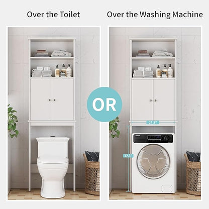 Shintenchi Over the Toilet Storage Cabinet, Bathroom Above the Toilet Rack, Bathroom Adjustable Shelf Organizer with Open Bottom Bar and Anti-Tip Device, White