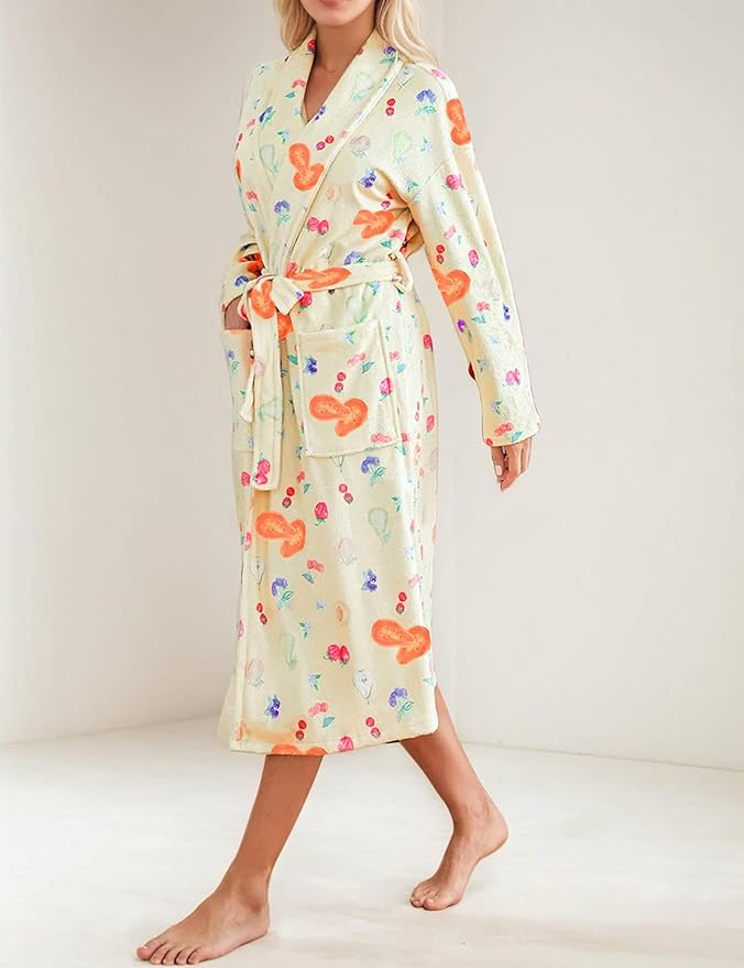 Women Fleece Fruit Print Robe Cute Robes for Women Spring Summer Lightweight Bathrobe Soft Flannel Gown with Belt