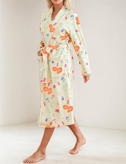 Women Fleece Fruit Print Robe Cute Robes for Women Spring Summer Lightweight Bathrobe Soft Flannel Gown with Belt