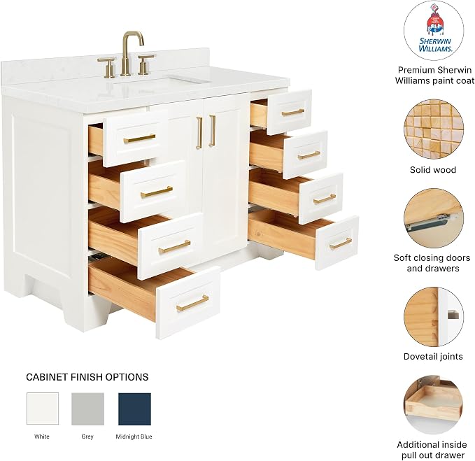 DKB Emilia 48-Inch Bathroom Vanity with Sink — White Single Sink Bathroom Vanity, 1.5" Edge Carrara Quartz Countertop, Solid Wood, 2 Soft Closing Doors, 9 Dovetail Drawers