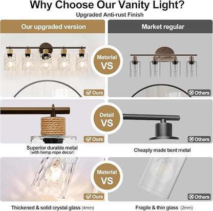 Bathroom Light Fixtures, 5-Light Coastal Vanity Lights with Crystal Glass Shade, Oil-Rubbed Bronze Bathroom Wall Lamp for Mirror Kitchen Hallway Cabinet