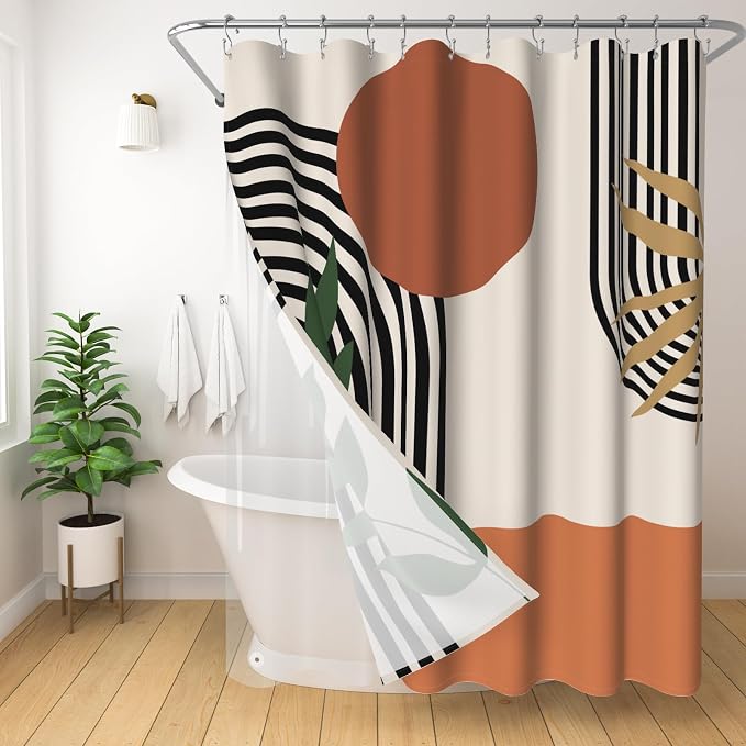 3 in 1 Shower Curtain Set, Mid Century Modern Boho, Brown | Polyester Bath Curtain with Magnetic PEVA Liner and 12 Double Sided Stainless Steel Hooks, 72x72 Inches