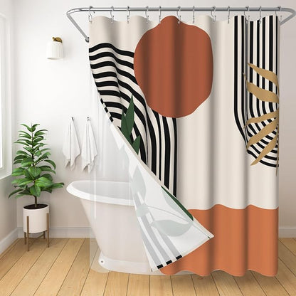 3 in 1 Shower Curtain Set, Mid Century Modern Boho, Brown | Polyester Bath Curtain with Magnetic PEVA Liner and 12 Double Sided Stainless Steel Hooks, 72x72 Inches
