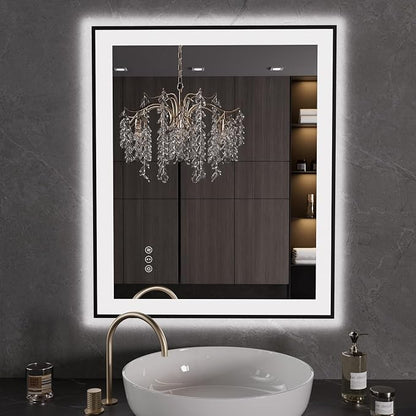 LOAAO 24"X30" LED Bathroom Mirror Black Framed | Anti-Fog, Dimmable, Memory Function, Tempered Glass, Lighted Vanity Mirror for Wall