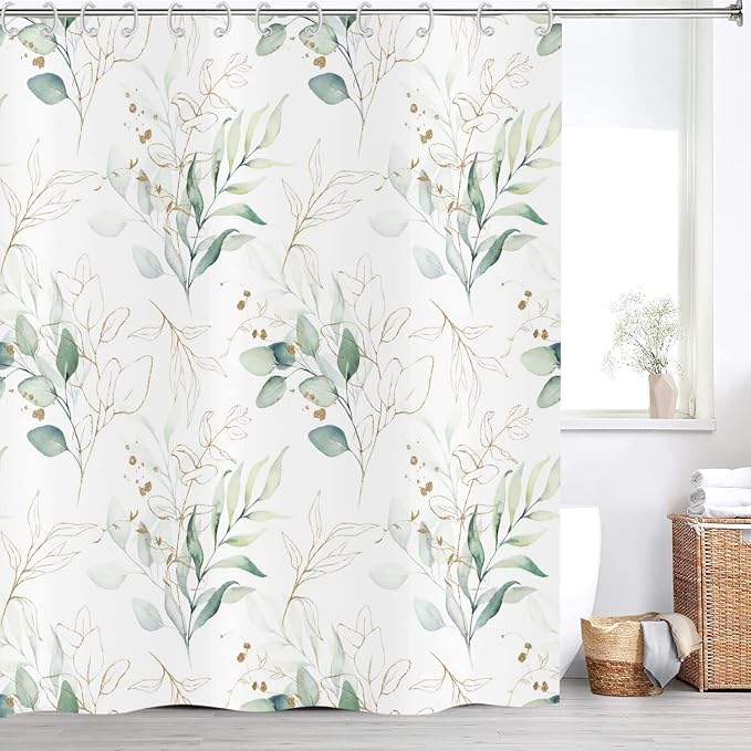 Eucalyptus Leaf Shower Curtains, Weighted Bottom Sage Green Watercolor Botanical Plants with Gold Branches Spring Fabric Bathroom Curtain Home Decor Waterproof Washable with 12 Hooks,65"x72"