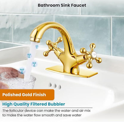 gotonovo Bathroom Sink Faucet Single Hole Double Cross Handle Knobs Lavatory Vessel Sink Mixer Tap Bathroom Faucet with Pop up Drain and Deck Cover Plate Polish Gold