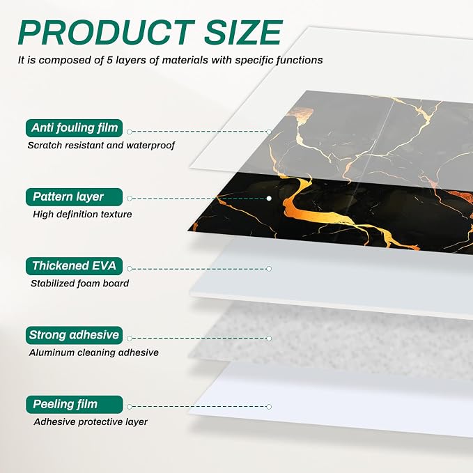 12pcs Black and Gold Peel and Stick Tiles 23.6"x11.8" Waterproof Heat Resistant Self Adhesive Removable PVC Wall Panels for Kitchen Backsplash, Bathroom, Laundry Room (Not Real Tile, Not for Floor)