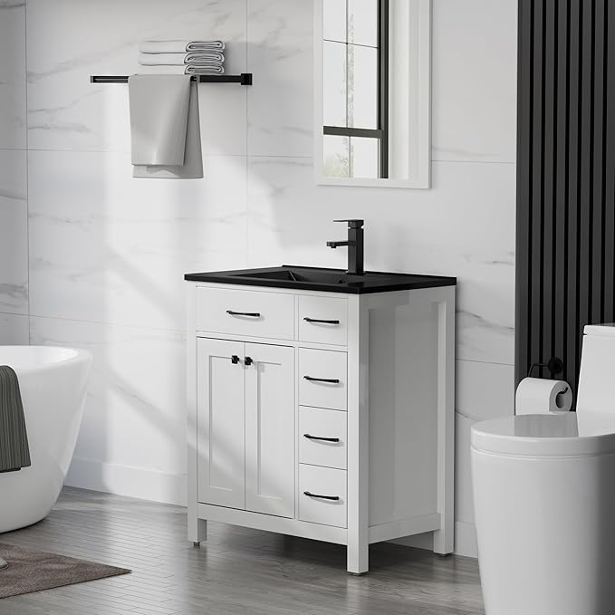 LUCKWIND 30" Modern Bathroom Vanity with Black Sink, Painted Storage Cabinet with Undermounted Black Sink, Two Doors and Three Drawers, Include Faucet Without Mirror, White