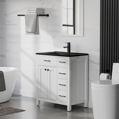 LUCKWIND 30" Modern Bathroom Vanity with Black Sink, Painted Storage Cabinet with Undermounted Black Sink, Two Doors and Three Drawers, Include Faucet Without Mirror, White