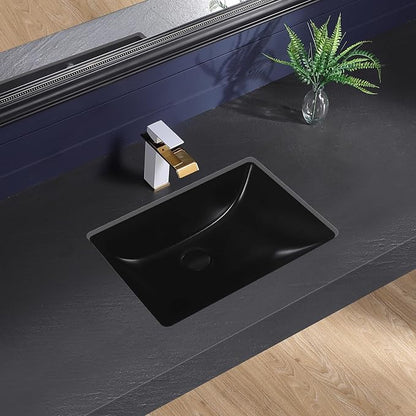 Undermount Bathroom Sink 20x15 Inch Small Bathroom Sink Black Porcelain Ceramic Bathroom Under Counter Lavatory Vanity Sink Basin Rectangular Undermount Sinks with Overflow