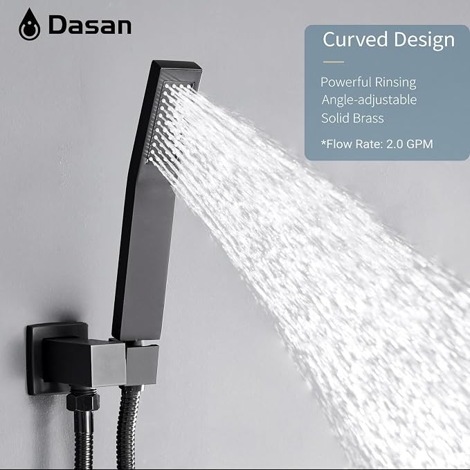 DASAN Full Body Shower System with 6 PCS Body Spray Jets & 12'' Rain Overhead Shower & Handheld, In-Wall Rain Shower System Matte Black Shower Faucets Sets Complete with Valve, SA-SS03AMB-S12W