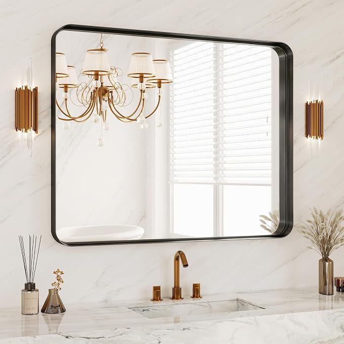32x40 Inch Metal Black Framed Bathroom Mirror for Wall, HD Tempered Glass, Vanity Mirror for Over Sink, Anti-Rust Aluminum Alloy Mirror, Farmhouse, Horizontally or Vertically Hanging