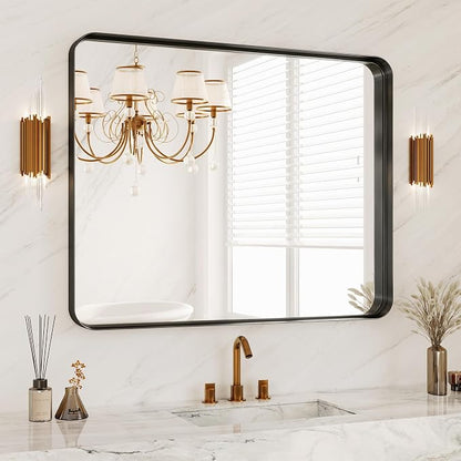 32x40 Inch Metal Black Framed Bathroom Mirror for Wall, HD Tempered Glass, Vanity Mirror for Over Sink, Anti-Rust Aluminum Alloy Mirror, Farmhouse, Horizontally or Vertically Hanging