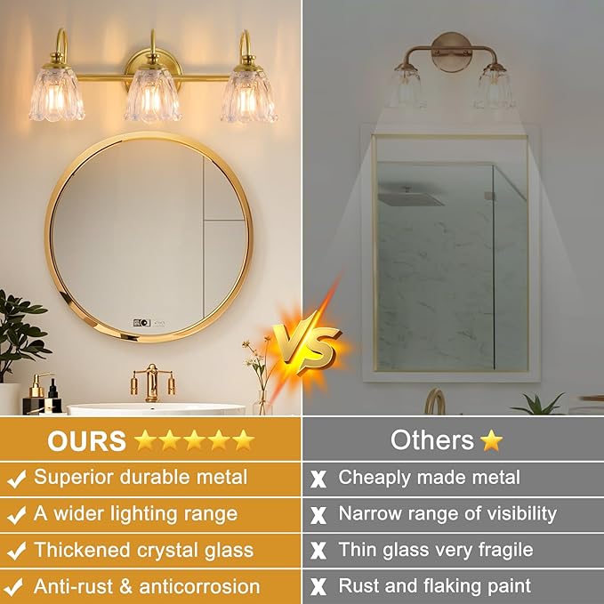 Bathroom Light Fixtures (3-Light), Vintage Brushed Gold Vanity Lights for Bathroom with Clear Tulip Crystal Glass Shade, Vanity Wall Light Over Mirror for Bedroom Living Room Hallway