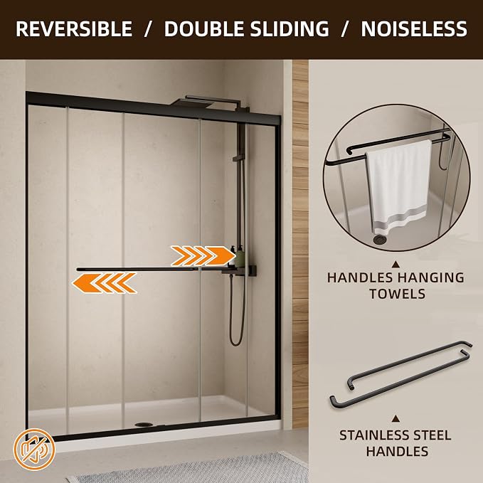 Royal Guard Double Sliding Shower Door 56-60" W x 72" H,Matte Black | 6mm SGCC Tempered Glass,Nano Coating Easy Clean,Walk-in Shower Use,Reversible Installation&Waterproof