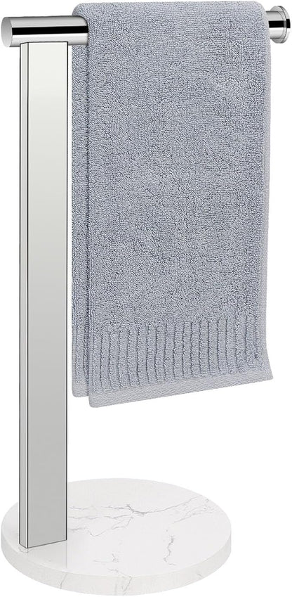Hand Towel Holder Stand for Bathroom, L- Shaped Standing Hand Towel Rack, Towel Bar Kitchen Vanity Countertop Organizer, SUS304 Stainless Steel Material (Marble Base, Chrome)