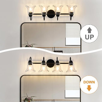 Bathroom Light Fixtures over Mirror, 4 Lights Vintage Wall Sconces with Hammered Glass Shade, 26.8" Matte Black Farmhouse Bathroom Wall Light Fixtures for Bedroom, Porch, Hotel, Mirror Cabinet