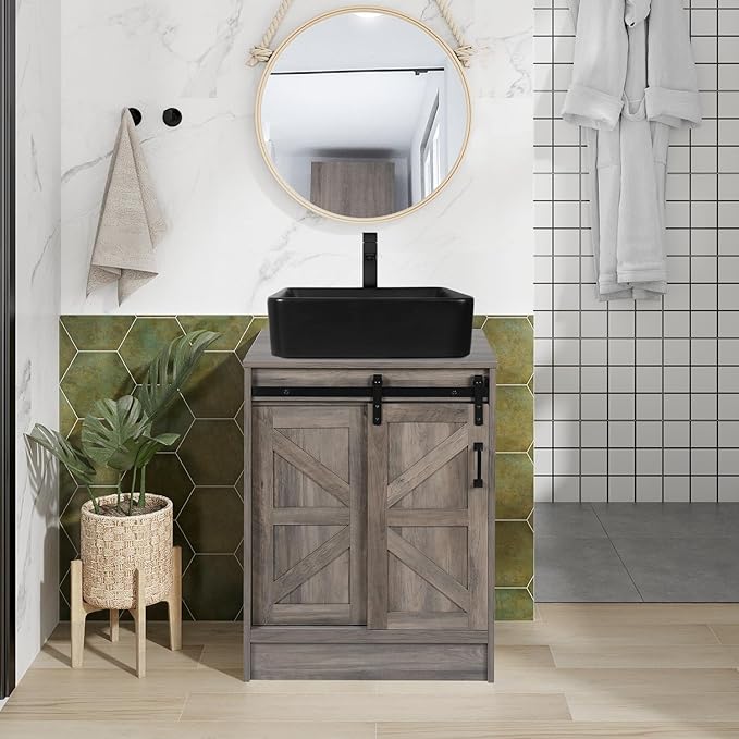 24" Farmhouse Bathroom Vanity with Sink, Bathroom Storage Cabinet with Sliding Barn Doors & Metal Handle, Freestanding Vanity with Black Ceramic Rectangle Vessel Sink Combo Set