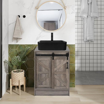 24" Farmhouse Bathroom Vanity with Sink, Bathroom Storage Cabinet with Sliding Barn Doors & Metal Handle, Freestanding Vanity with Black Ceramic Rectangle Vessel Sink Combo Set