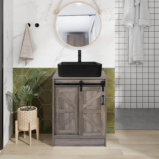 24" Farmhouse Bathroom Vanity with Sink, Bathroom Storage Cabinet with Sliding Barn Doors & Metal Handle, Freestanding Vanity with Black Ceramic Rectangle Vessel Sink Combo Set