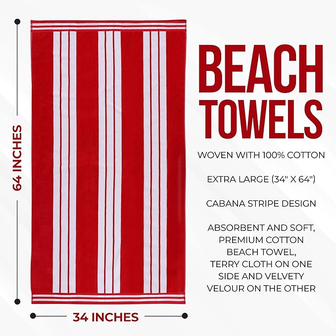 Superior Oversized Cotton Beach Towel Set of 4, Absorbent Towels for Bathroom, Beach, Pool, Swim, Adults, Kids, Vacation, Travel, Bath Sheet, Quick Dry Basics, Trip Essentials, Striped Decor, Red