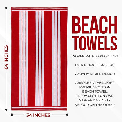 Superior Oversized Cotton Beach Towel Set of 4, Absorbent Towels for Bathroom, Beach, Pool, Swim, Adults, Kids, Vacation, Travel, Bath Sheet, Quick Dry Basics, Trip Essentials, Striped Decor, Red