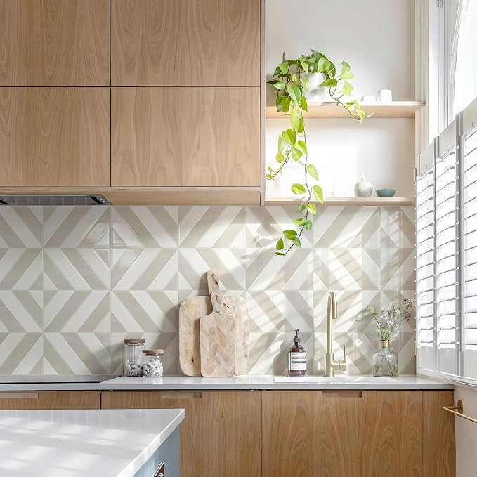 STICKGOO Herringbone Peel and Stick Backsplash, White & Beige, 10 Sheets | 12.6 x 9.7 in, Thicker Rectangular Vinyl Stick-On Wall Tiles, Easy Alignment, Waterproof, Easy to Clean, Kitchen/Bathroom