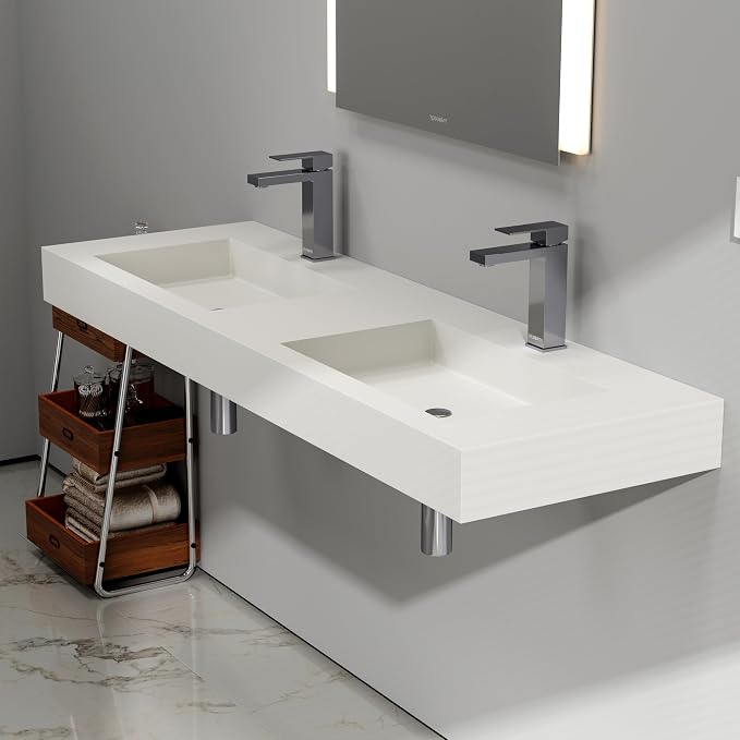 59" Wall Mount Sink Matte Bathroom Vanity Vessel Sinks Artificial Stone Rectanglee Indoor Outdoors Modern Floating or Countertop Freestanding Wall Hang Sink Bowl… (2 Faucet Holes 59'')