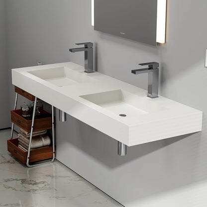 59" Wall Mount Sink Matte Bathroom Vanity Vessel Sinks Artificial Stone Rectanglee Indoor Outdoors Modern Floating or Countertop Freestanding Wall Hang Sink Bowl… (2 Faucet Holes 59'')