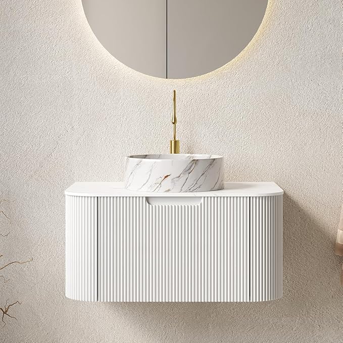 30'' Bathroom Vanities Cabinet with Sink Combo, Wall Mounted Floating Cabinet W/Curved Edges Stripes, Oak Plywood, Soft-Close System with a Drawer, White Round Ceramic Basin - Kiel, White/S