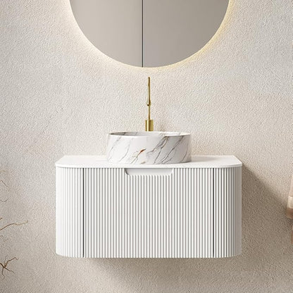 30'' Bathroom Vanities Cabinet with Sink Combo, Wall Mounted Floating Cabinet W/Curved Edges Stripes, Oak Plywood, Soft-Close System with a Drawer, White Round Ceramic Basin - Kiel, White/S