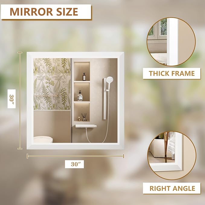 SMIROR 30x30 Matte White Bathroom Vanity Mirror for Over Sink | Metal Wide Frame, Rectangle, Right- Angle Corner, Anti-Rust, Horizontally or Vertically Wall- Mounted for Home Remodel