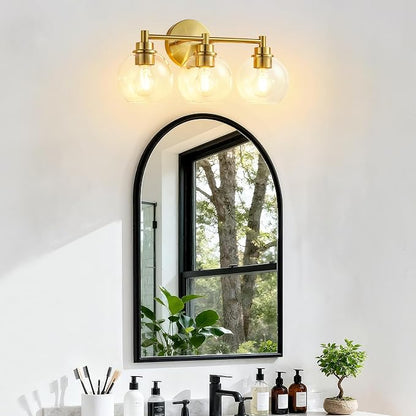 Bathroom Light Fixtures, Vanity Lights for Bathroom 3-Light Gold, Bathroom Lighting Fixtures Over Mirror with Clear Glass Globe Shade, Bathroom Vanity Light for Living Room Kitchen Bedroom Hallway