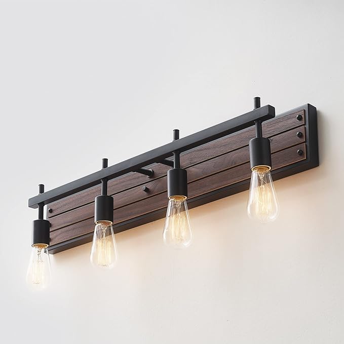 Globe Electric 52058 4-Light Vanity Light with Faux Wood Finish and Matte Black Accents, Ideal for Bathroom, Living Room, and for Makeup Over Mirror Lighting